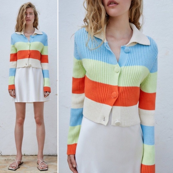 Zara Colorblock Striped Ribbed Knit Cropped Cardigan Sweater Size Small - Picture 1 of 9